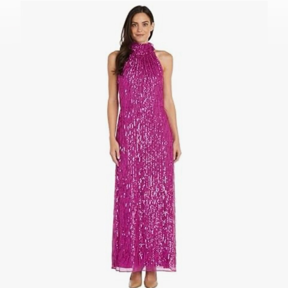 R&M Richards Fuchsia Sequin High-Neck Maxi Dress. Size 14